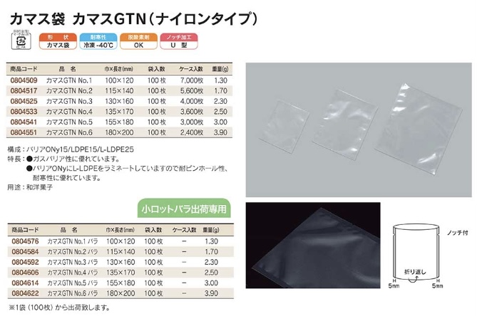 【福助工業】 カマス袋 カマスGTN （ナイロンタイプ）No.6 (透明)  180×200 袋  加工食品 無地 平袋