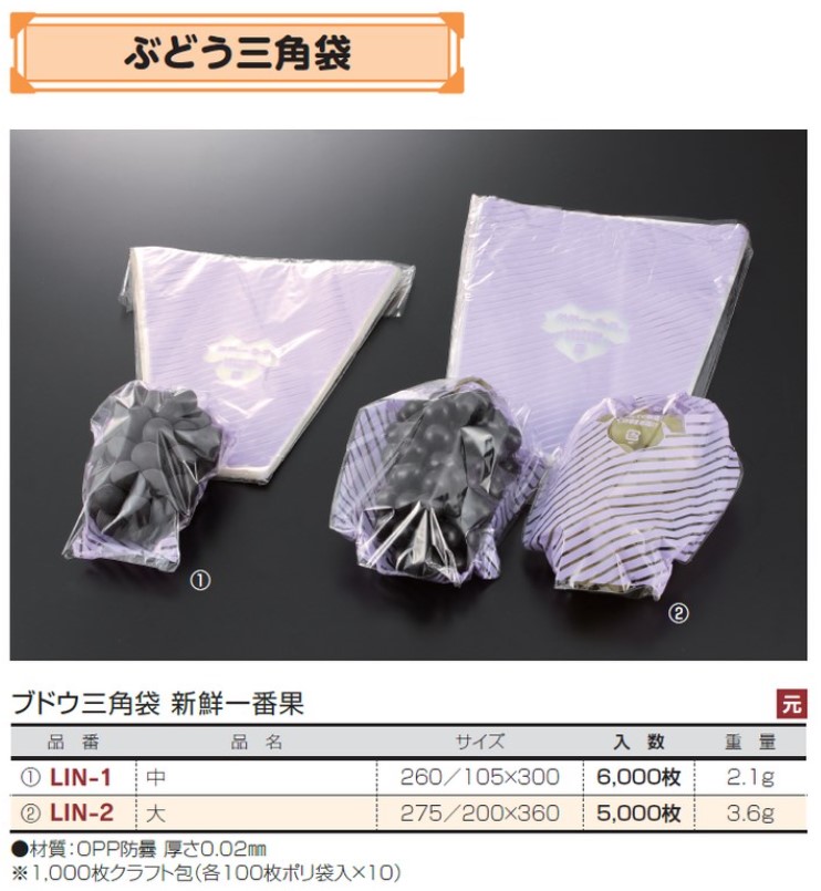 ヤマニパッケージ ぶどう三角袋 新鮮一番果 大 LIN-2 275/200×360 袋 青果物 印刷 三角袋