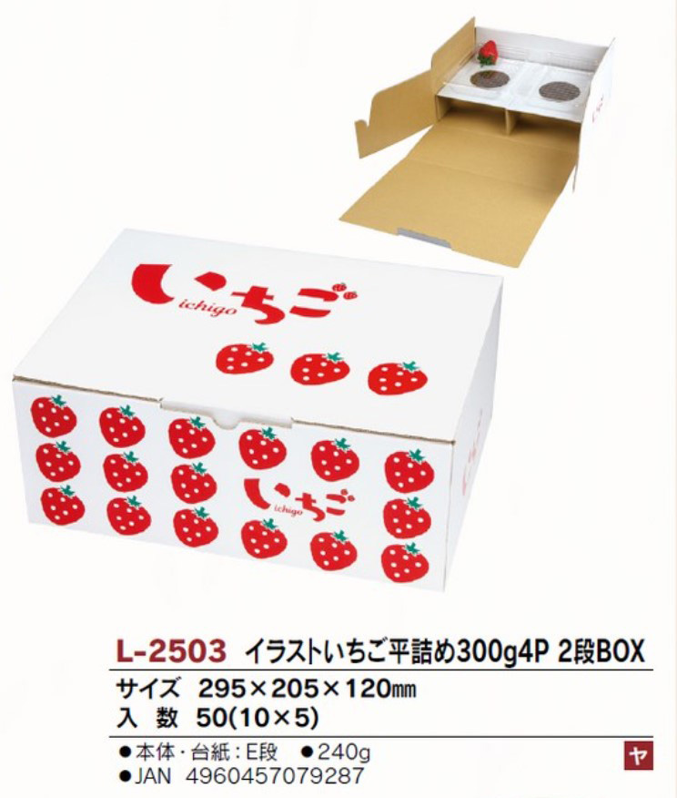 ヤマニパッケージ　L-2503 イラストいちご 平詰め 300g 4P 2段BOX 295×205×120 箱 フルーツ
